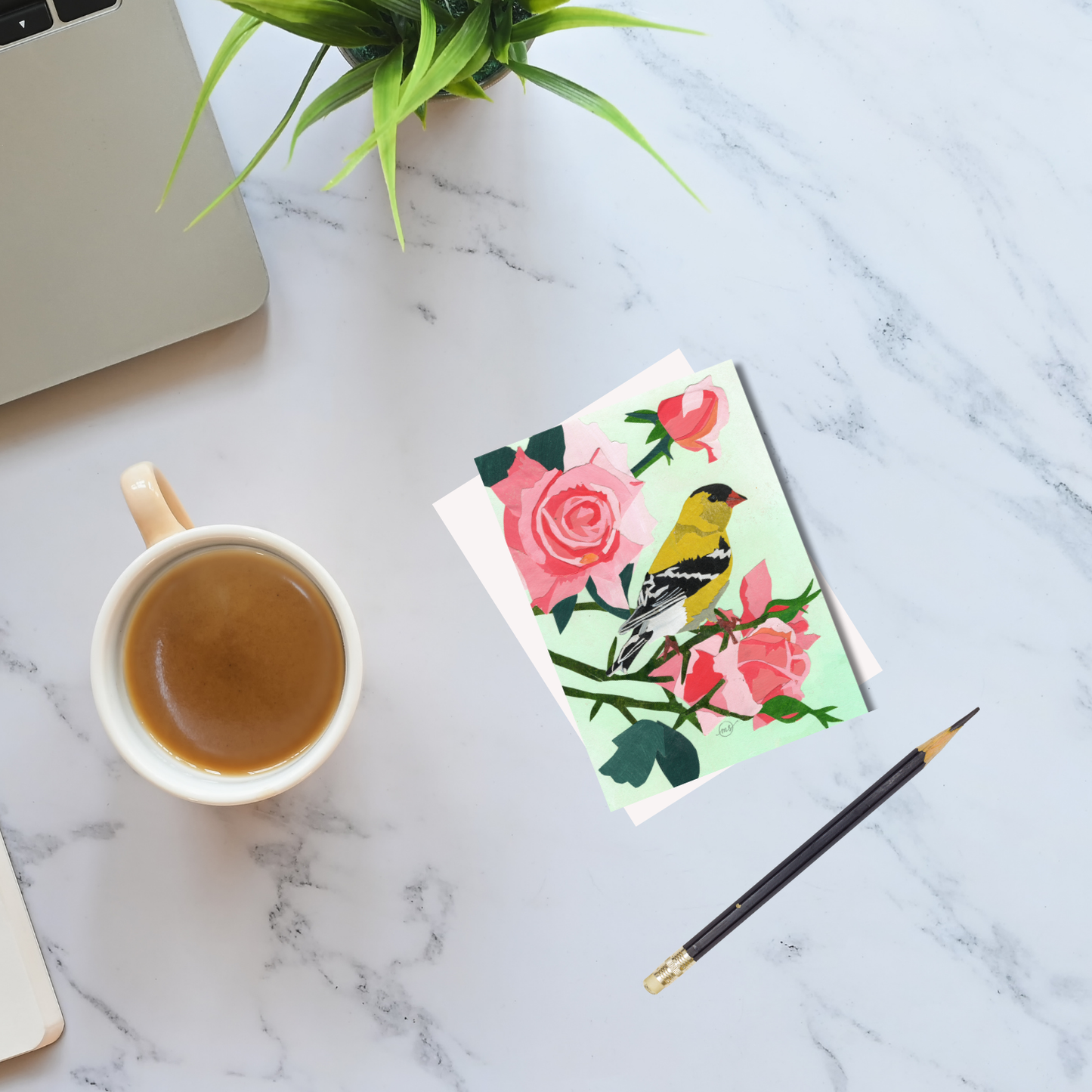 Rose Goldfinch Note Card